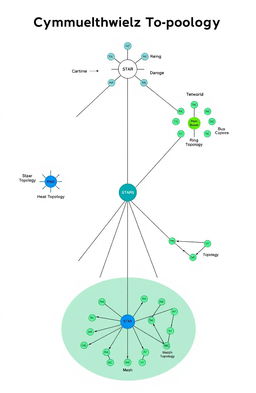 A detailed diagram of a computer network topology showcasing various types of network topologies including star, ring, bus, mesh, and hybrid layouts