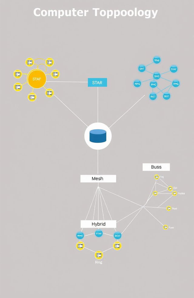 A detailed diagram of a computer network topology showcasing various types of network topologies including star, ring, bus, mesh, and hybrid layouts