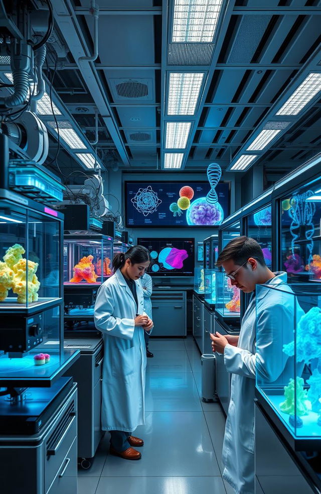 A detailed and futuristic scene of a high-tech laboratory showcasing 3D bioprinting technology