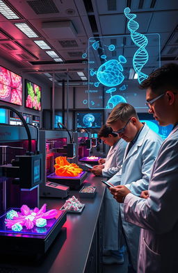 A detailed and futuristic scene of a high-tech laboratory showcasing 3D bioprinting technology