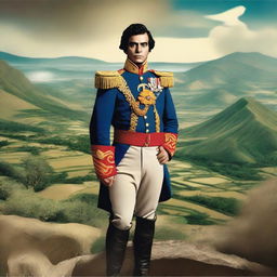 Generate an image of Simón Bolívar, in his iconic military uniform, standing proud and charismatic against the backdrop of a South American landscape