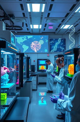 A detailed and futuristic scene of a high-tech laboratory showcasing 3D bioprinting technology