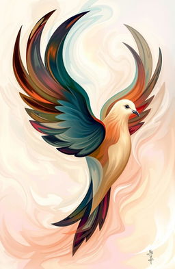 An abstract representation of a contemplative dove, featuring swirling colors and dynamic shapes that evoke a sense of peace and introspection