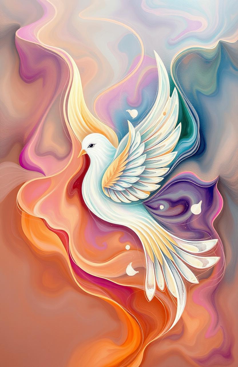 An abstract representation of a contemplative dove, featuring swirling colors and dynamic shapes that evoke a sense of peace and introspection