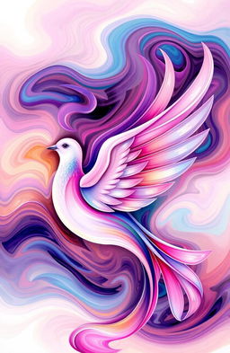 An abstract representation of a contemplative dove, featuring swirling colors and dynamic shapes that evoke a sense of peace and introspection
