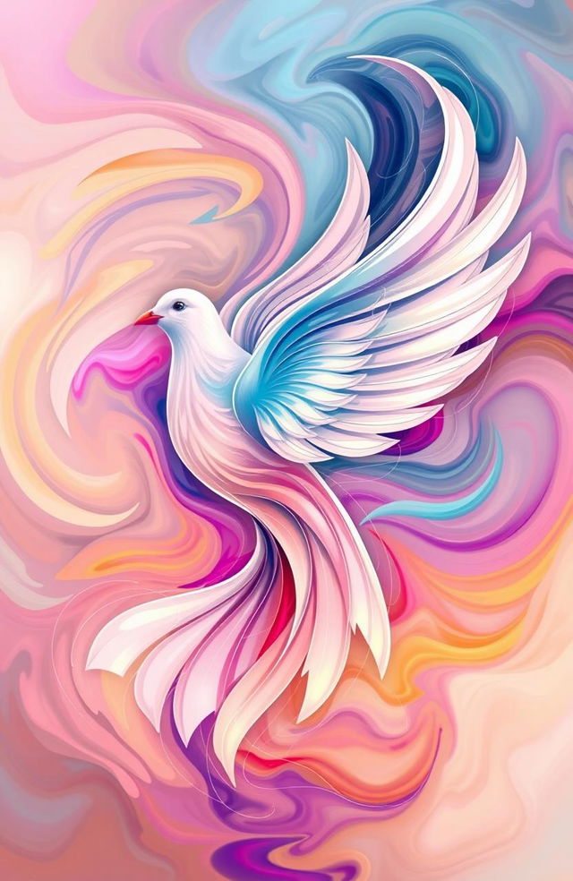 An abstract representation of a contemplative dove, featuring swirling colors and dynamic shapes that evoke a sense of peace and introspection