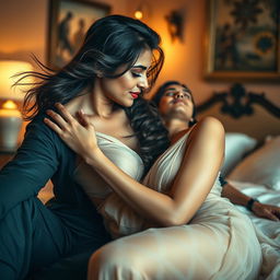 A tasteful representation of two famous Indian celebrities, Anushka Sharma and Mahendra Singh Dhoni, showcasing their chemistry in an artistic and sensual manner