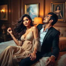 A tasteful representation of two famous Indian celebrities, Anushka Sharma and Mahendra Singh Dhoni, showcasing their chemistry in an artistic and sensual manner