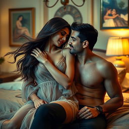 A tasteful representation of two famous Indian celebrities, Anushka Sharma and Mahendra Singh Dhoni, showcasing their chemistry in an artistic and sensual manner