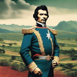 Generate an image of Simón Bolívar, in his iconic military uniform, standing proud and charismatic against the backdrop of a South American landscape