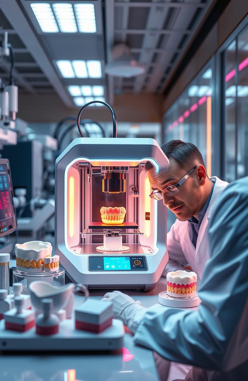 A futuristic laboratory scene showcasing the advanced technology of 3D bioprinting specifically applied to periodontics