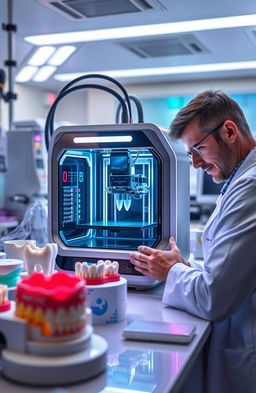 A futuristic laboratory scene showcasing the advanced technology of 3D bioprinting specifically applied to periodontics