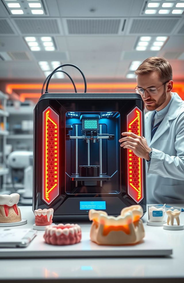 A futuristic laboratory scene showcasing the advanced technology of 3D bioprinting specifically applied to periodontics