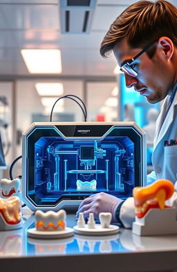 A futuristic laboratory scene showcasing the advanced technology of 3D bioprinting specifically applied to periodontics