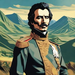 Generate an image of Simón Bolívar, in his iconic military uniform, standing proud and charismatic against the backdrop of a South American landscape