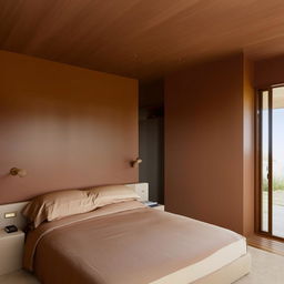 A large, king-sized bed with a chocolate brown headboard rests against a wall, surrounded by light brown painted walls on either side. On both sides of the bed, there is ample space. Facing the bed, a spacious area reveals cupboards, and sliding windows let in natural light.