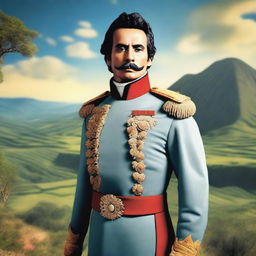 Generate an image of Simón Bolívar, in his iconic military uniform, standing proud and charismatic against the backdrop of a South American landscape