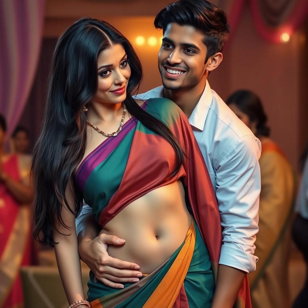 A joyful couple in a festive setting, the woman wearing a beautiful, vibrant saris in green and orange shades, displaying her baby bump with a warm smile