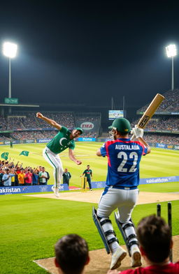 A dramatic scene of a cricket match between Pakistan and Australia, set in a packed stadium under floodlights, showcasing excited fans waving flags, wearing team jerseys, and displaying passionate emotions