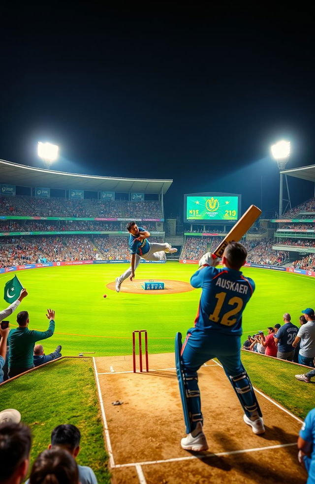 A dramatic scene of a cricket match between Pakistan and Australia, set in a packed stadium under floodlights, showcasing excited fans waving flags, wearing team jerseys, and displaying passionate emotions