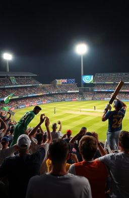 A dramatic scene of a cricket match between Pakistan and Australia, set in a packed stadium under floodlights, showcasing excited fans waving flags, wearing team jerseys, and displaying passionate emotions