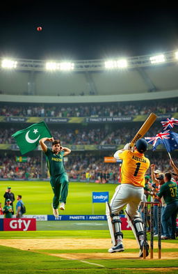 A dramatic scene of a cricket match between Pakistan and Australia, set in a packed stadium under floodlights, showcasing excited fans waving flags, wearing team jerseys, and displaying passionate emotions