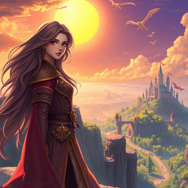 A magical fantasy scene depicting Lily, a determined young woman with long flowing hair, wearing a regal outfit adorned with intricate patterns and gold accents