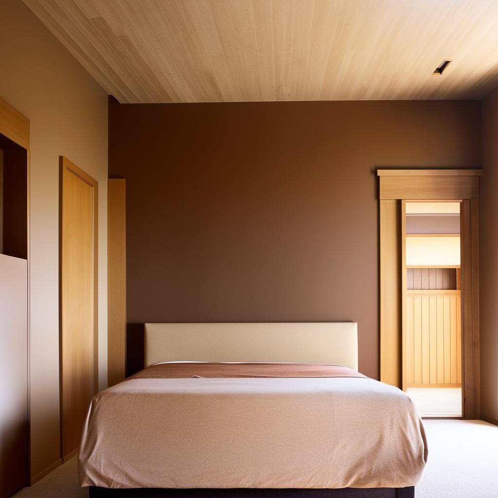 A large, king-sized bed with a chocolate brown headboard rests against a wall, surrounded by light brown painted walls on either side. On both sides of the bed, there is ample space. Facing the bed, a spacious area reveals cupboards, and sliding windows let in natural light.