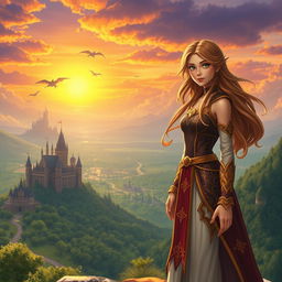A magical fantasy scene depicting Lily, a determined young woman with long flowing hair, wearing a regal outfit adorned with intricate patterns and gold accents