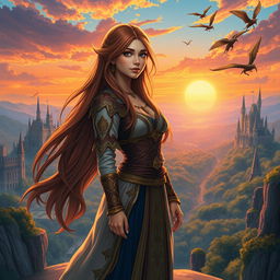A magical fantasy scene depicting Lily, a determined young woman with long flowing hair, wearing a regal outfit adorned with intricate patterns and gold accents