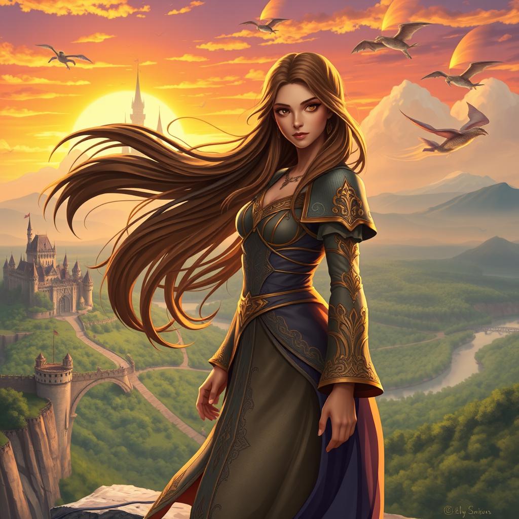 A magical fantasy scene depicting Lily, a determined young woman with long flowing hair, wearing a regal outfit adorned with intricate patterns and gold accents