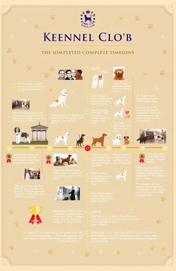 An illustrated timeline showcasing the complete history of the Kennel Club, featuring significant milestones such as its founding in 1873, the development of the first breed standards, the introduction of the Crufts dog show, and the establishment of various pedigrees