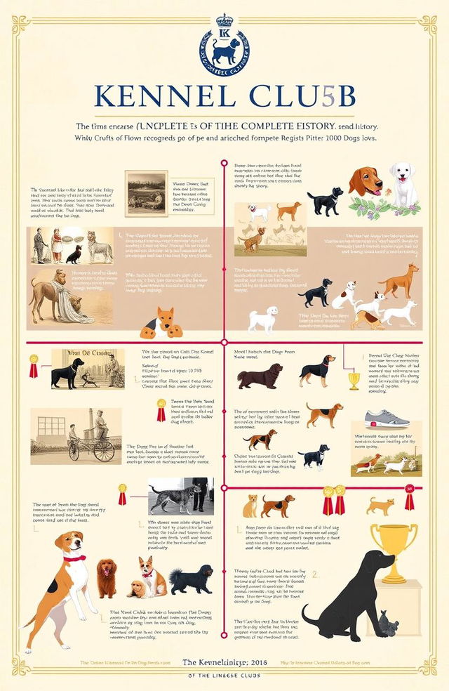 An illustrated timeline showcasing the complete history of the Kennel Club, featuring significant milestones such as its founding in 1873, the development of the first breed standards, the introduction of the Crufts dog show, and the establishment of various pedigrees