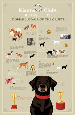 An illustrated timeline showcasing the complete history of the Kennel Club, featuring significant milestones such as its founding in 1873, the development of the first breed standards, the introduction of the Crufts dog show, and the establishment of various pedigrees