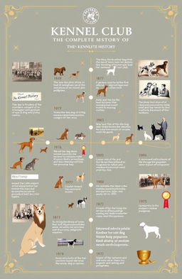 An illustrated timeline showcasing the complete history of the Kennel Club, featuring significant milestones such as its founding in 1873, the development of the first breed standards, the introduction of the Crufts dog show, and the establishment of various pedigrees