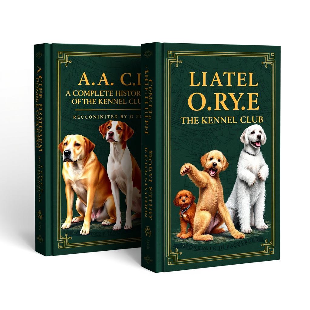 A book cover design for 'A Complete History of the Kennel Club', featuring an eye-catching illustration of an array of dog breeds recognized by the Kennel Club, including a Labrador Retriever, a Beagle, and a Poodle, all elegantly posed