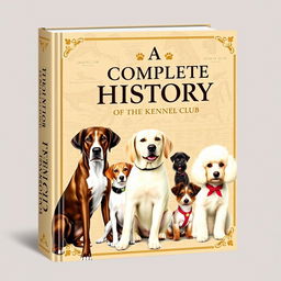 A book cover design for 'A Complete History of the Kennel Club', featuring an eye-catching illustration of an array of dog breeds recognized by the Kennel Club, including a Labrador Retriever, a Beagle, and a Poodle, all elegantly posed