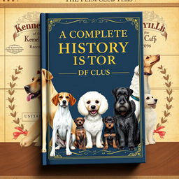 A book cover design for 'A Complete History of the Kennel Club', featuring an eye-catching illustration of an array of dog breeds recognized by the Kennel Club, including a Labrador Retriever, a Beagle, and a Poodle, all elegantly posed
