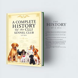 A book cover design for 'A Complete History of the Kennel Club', featuring an eye-catching illustration of an array of dog breeds recognized by the Kennel Club, including a Labrador Retriever, a Beagle, and a Poodle, all elegantly posed