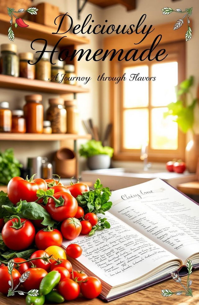 A beautifully designed cookbook cover featuring a rustic kitchen setting with wooden shelves filled with jars of spices and herbs