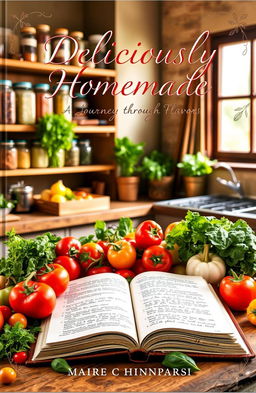 A beautifully designed cookbook cover featuring a rustic kitchen setting with wooden shelves filled with jars of spices and herbs