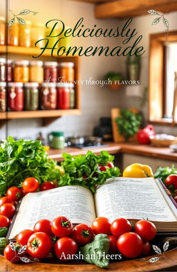 A beautifully designed cookbook cover featuring a rustic kitchen setting with wooden shelves filled with jars of spices and herbs