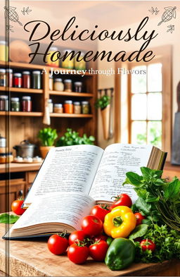 A beautifully designed cookbook cover featuring a rustic kitchen setting with wooden shelves filled with jars of spices and herbs
