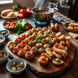 An enticing appetizer platter beautifully arranged on a rustic wooden table