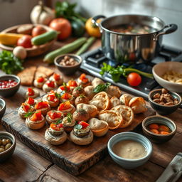 An enticing appetizer platter beautifully arranged on a rustic wooden table