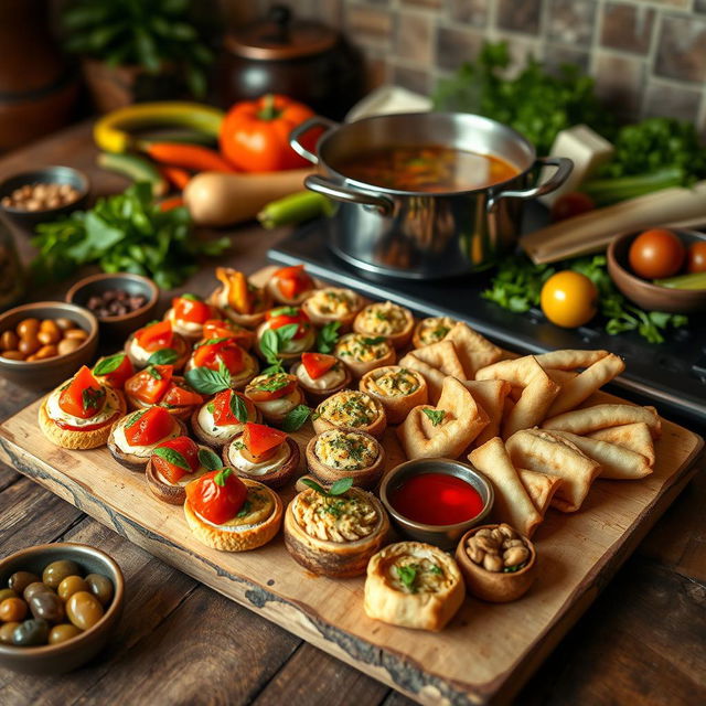 An enticing appetizer platter beautifully arranged on a rustic wooden table