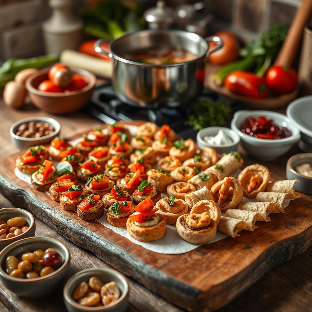 An enticing appetizer platter beautifully arranged on a rustic wooden table