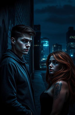 In a dark, atmospheric urban setting, a young man named Ryan Rossi stands brooding against a graffiti-covered wall, his expression a mix of determination and vulnerability