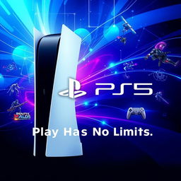 A stunning front page design for a PlayStation 5 (PS5) gaming console, featuring an artistic depiction of the PS5 with its futuristic design and sleek curves