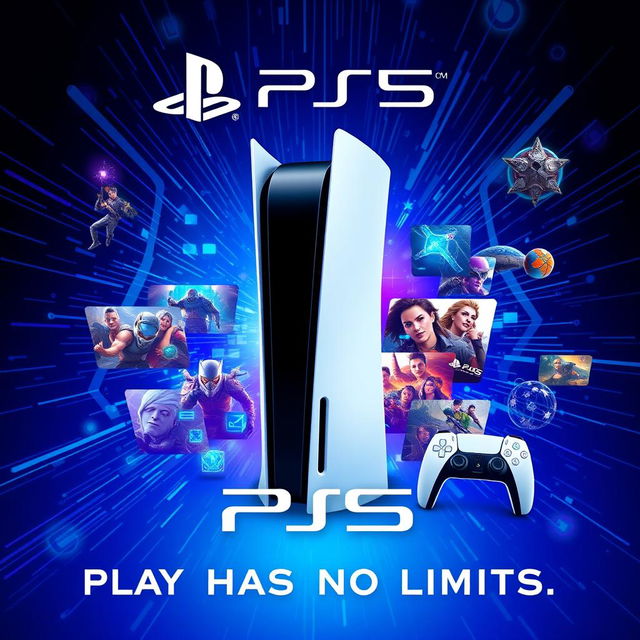 A stunning front page design for a PlayStation 5 (PS5) gaming console, featuring an artistic depiction of the PS5 with its futuristic design and sleek curves